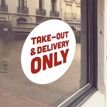 White window cling with red "Take-out & Delivery only" lettering - FoodSignPros