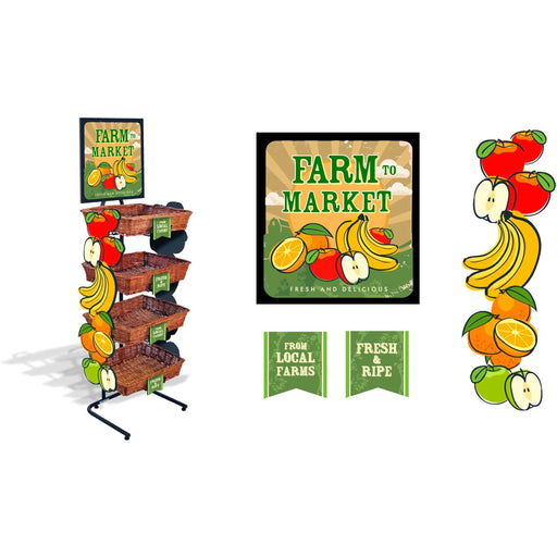 Fruit Rack with 4 baskets and "Farm to Market" Sign - Custom Merchandising Solutions - FoodSignPros