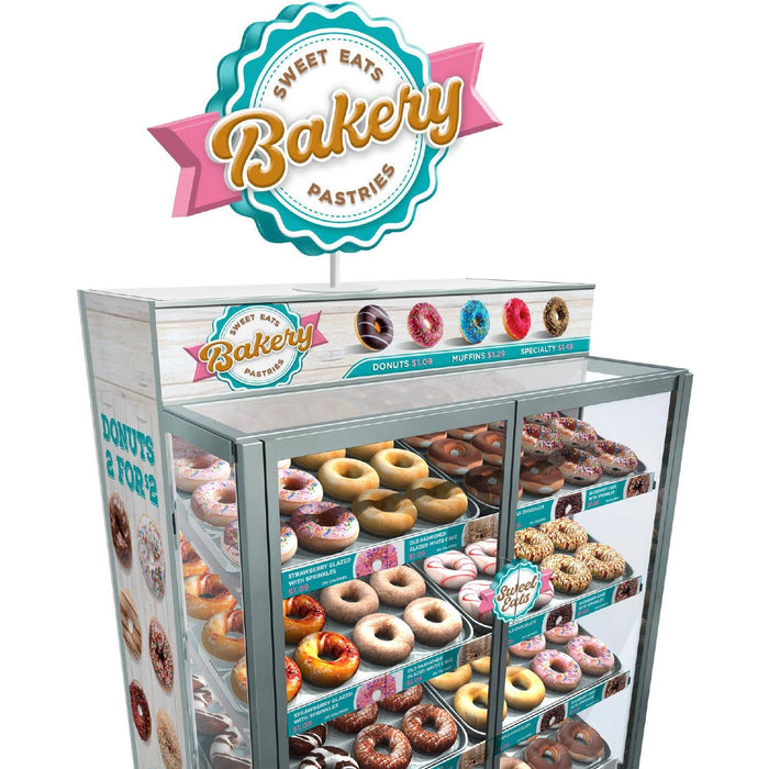 Custom Merchandising Solutions - Bakery Case with Donuts and "Sweet Eats Pastries Bakery" Sign - FoodSignPros