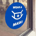 Blue window cling with white "Wear a mask!" lettering - FoodSignPros