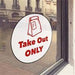 White window cling with red "Take out only" lettering - FoodSignPros