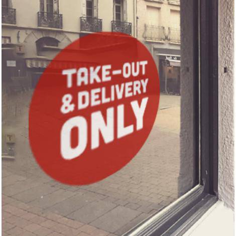 Red window cling with white "Take-out & Delivery only" lettering - FoodSignPros