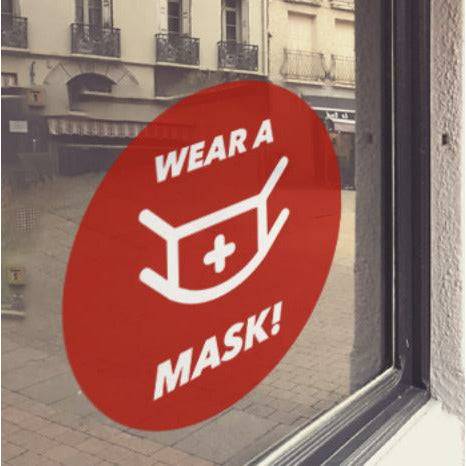 Red window cling with white "Wear a mask!" lettering - FoodSignPros