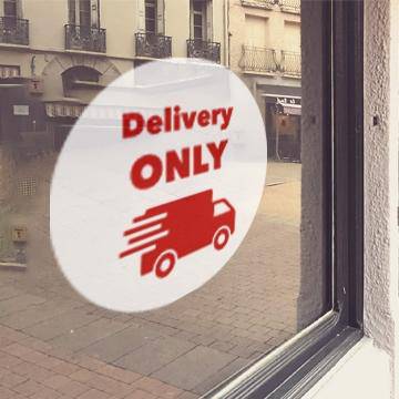 White window cling with red "Delivery only" lettering - FoodSignPros