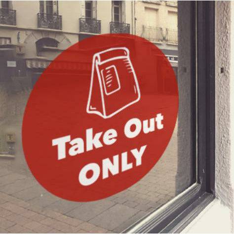 Red window cling with white "Take out only" lettering - FoodSignPros